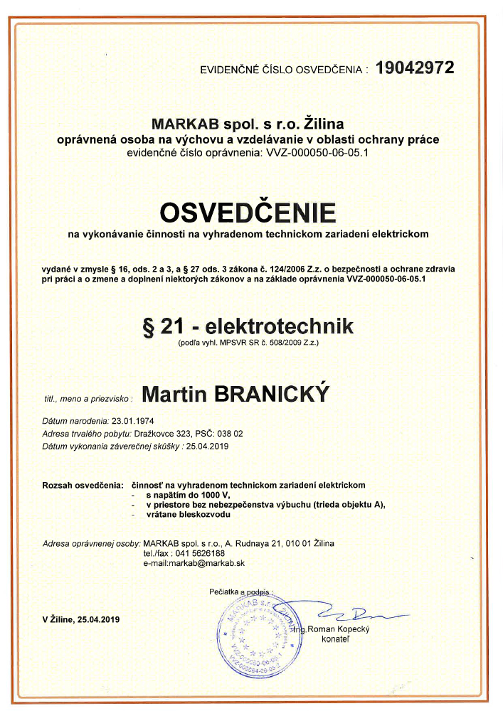 Osvedčenie §21 Elektrotechnik – Martin Branický