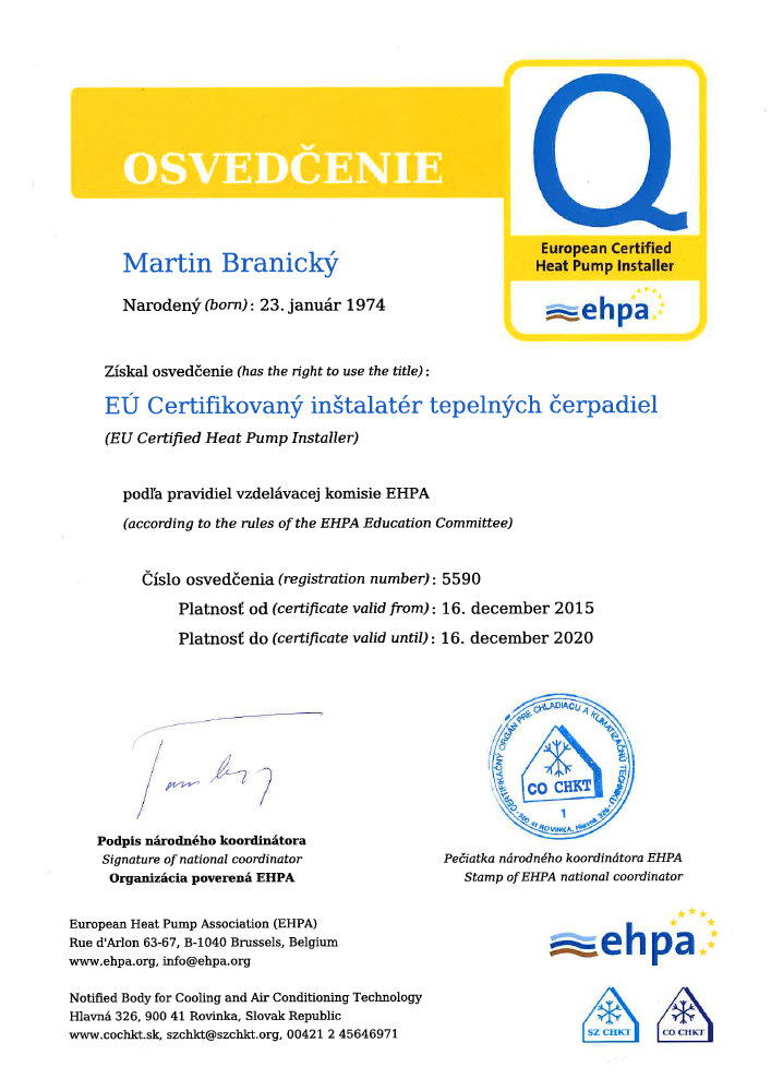EÚ Certifikovaný inštalatér tepelných čerpadiel EHPA – Martin Branický