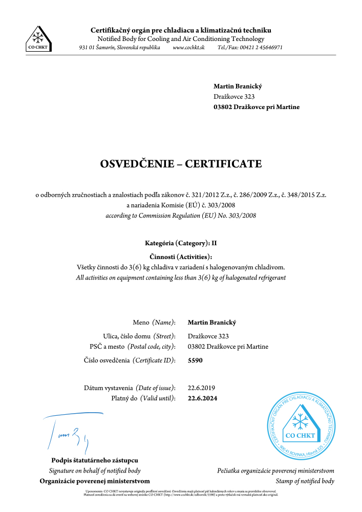 Osvedčenie F-plyny chladivo – Martin Branický