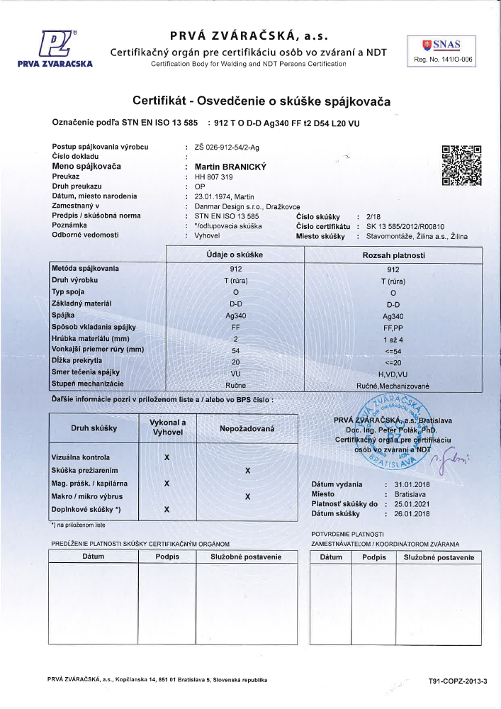 Certifikát spájkovač STN EN ISO 13585 – Martin Branický