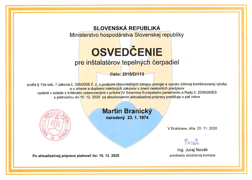 Osvedčenie pre inštalatérov tepelných čerpadiel – Martin Branický